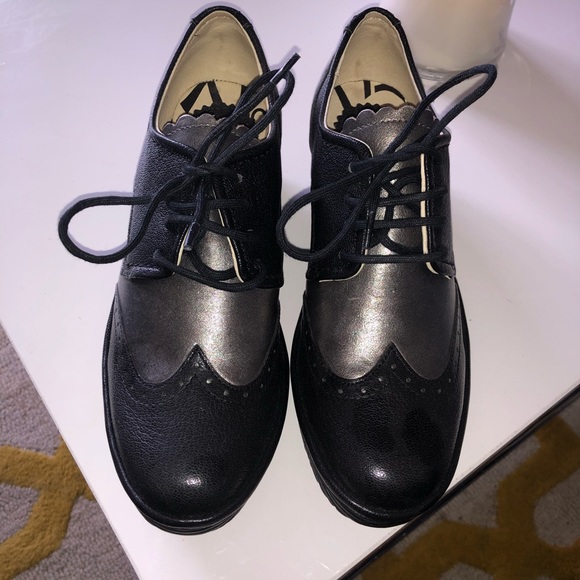 Fly London Palt Black Womens Leather Brogue Wedge Platform Lace-up Shoes